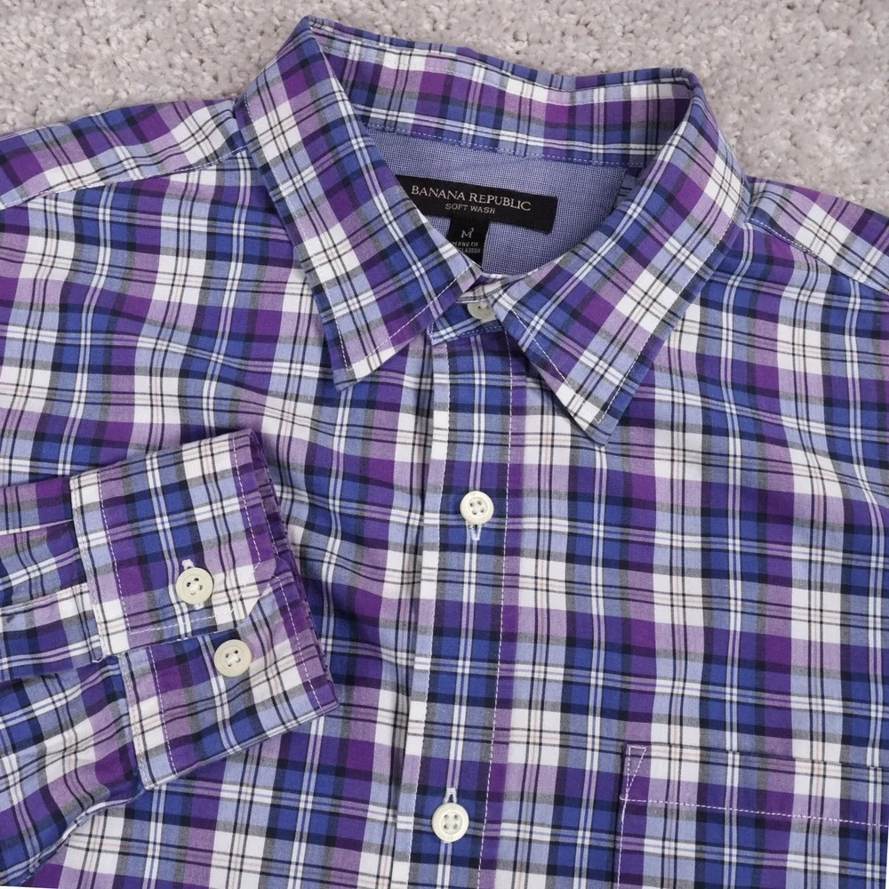 Banana Republic‎ Soft Wash Plaid Button Up Shirt Long Sleeve Purple Mens Medium